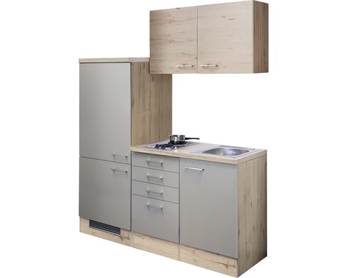 Cuisine équipée avec évier, plaque de cuisson, tiroirs et armoire murale