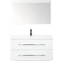 Badmöbel-Set Sanox Straight BxHxT 100 x 170 x 40 cm Frontfarbe weiß hochglanz mit Waschtisch Mineralguss weiß und Waschtischunterschrank Waschtisch Spiegel mit LED-Beleuchtung