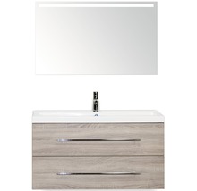 Badmöbel-Set Sanox Straight BxHxT 100 x 170 x 40 cm Frontfarbe eiche grau mit Waschtisch Mineralguss weiß und Waschtischunterschrank Waschtisch Spiegel mit LED-Beleuchtung