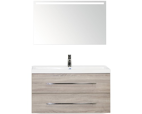Badmöbel-Set Sanox Straight BxHxT 100 x 170 x 40 cm Frontfarbe eiche grau mit Waschtisch Mineralguss weiß und Waschtischunterschrank Waschtisch Spiegel mit LED-Beleuchtung Waschtisch mit Unterschrank, Aufsatzwaschbecken und Spiegel mit Beleuchtung