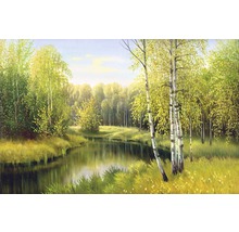 Peinture d''un paysage forestier lumineux avec une rivière paisible
