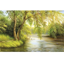 Peinture d''un paysage fluvial avec des arbres et de la végétation riveraine