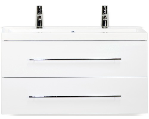 Set de meubles de salle de bains Sanox Straight lxhxp 100 x 55 x 40 cm couleur de façade blanc haute brillance avec vasque en fonte minérale blanc