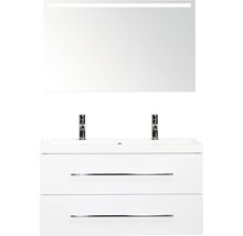 Badmöbel-Set Sanox Straight BxHxT 100 x 170 x 40 cm Frontfarbe weiß hochglanz mit Waschtisch Mineralguss weiß und Waschtischunterschrank Mineralguss-Doppelwaschtisch Spiegel mit LED-Beleuchtung
