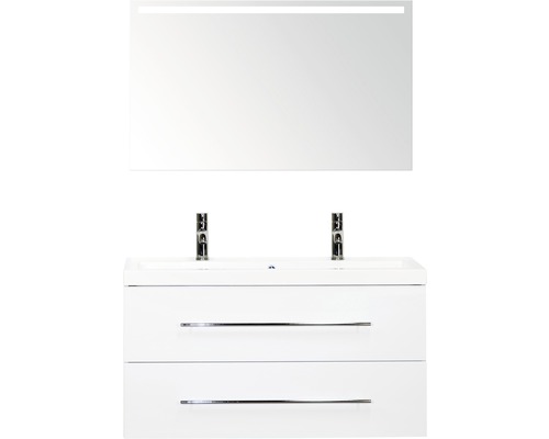 Badmöbel-Set Sanox Straight BxHxT 100 x 170 x 40 cm Frontfarbe weiß hochglanz mit Waschtisch Mineralguss weiß und Waschtischunterschrank Mineralguss-Doppelwaschtisch Spiegel mit LED-Beleuchtung