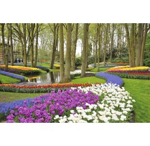 Landschaftspark mit Blumenbeeten, Bäumen und Wasserlauf
