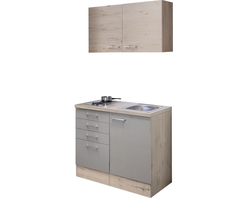 Cuisine compacte avec évier, plaque de cuisson, meuble bas avec tiroirs et meuble haut