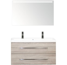 Badmöbel-Set Sanox Straight BxHxT 100 x 170 x 40 cm Frontfarbe eiche grau mit Waschtisch Mineralguss weiß und Waschtischunterschrank Spiegel mit LED-Beleuchtung Mineralguss-Doppelwaschtisch