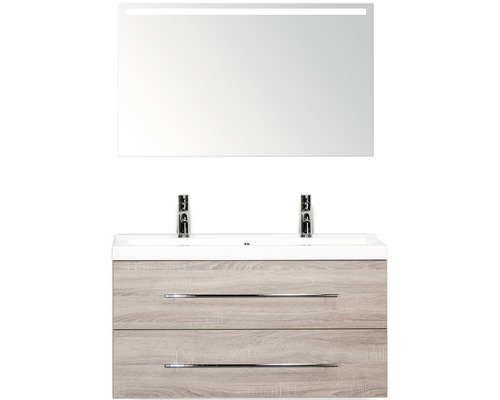 Set de meubles de salle de bains Sanox Straight lxhxp 100 x 170 x 40 cm couleur de façade chêne gris avec vasque fonte minérale blanc et meuble sous vasque miroir avec éclairage LED double vasque en fonte minérale