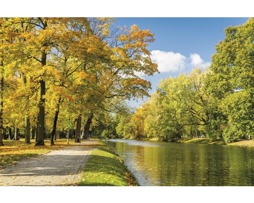 Papier peint panoramique intissé 18344 River in Autumn Park 7 pces 350 x 260 cm Paysage de parc en automne avec des arbres et une rivière