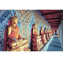 Reihe goldener Buddha Statuen in einem verzierten Tempel