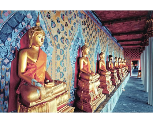 Papier peint panoramique intissé 18346 Golden Statues of Asia 7 pces 350 x 260 cm Rangée de statues de Bouddha dorées dans un temple orné
