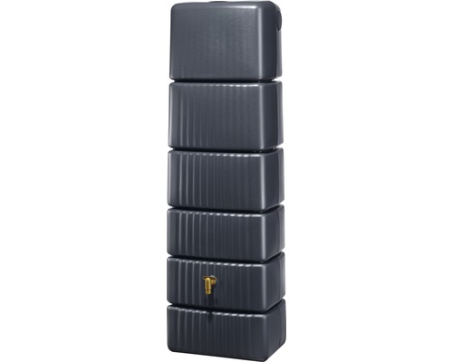 Grauer Regenwassertank mit Wasserhahn