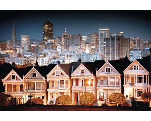 Papier peint panoramique intissé 18356 Urban Landscape in SF 7 pces 350 x 260 cm Rangée de maisons victoriennes devant une ligne d''horizon de nuit.