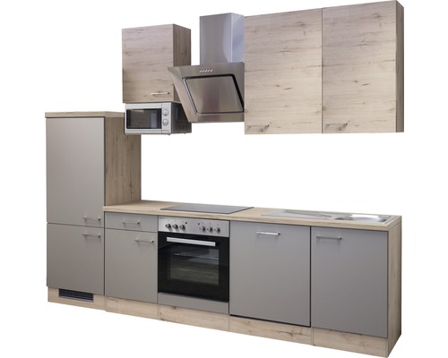 Bloc cuisine complète équipée Flex Well Riva 280 cm façade quartzite cubanite chêne clair san remo mate, corps chêne clair san remo variante réversible démonté