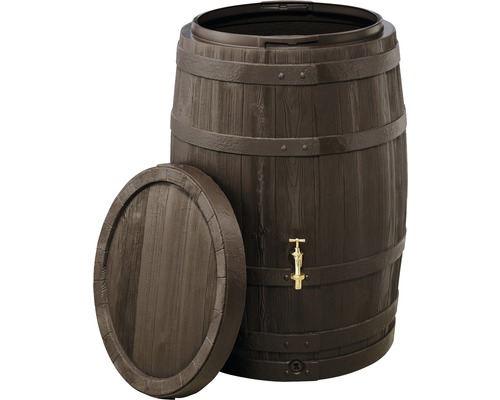 Regentonne aus Kunststoff in Holzoptik mit Deckel und Auslaufhahn