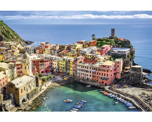 Papier peint panoramique intissé 18361 Colorful Village Vernazza 7 pces 350 x 260 cm Vue de Vernazza, Italie, avec maisons, port et mer