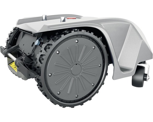 Vue détaillée d''un robot tondeuse à gazon avec de grandes roues