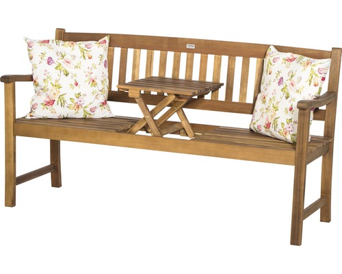 Gartenbank aus Holz mit zwei Kissen und integriertem Tisch