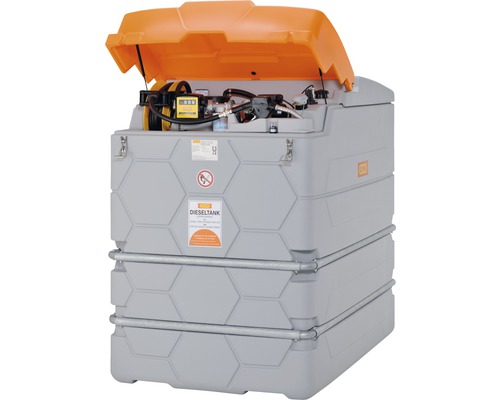 Installation de réservoir fixe pour diesel CEMO 2500 L avec pompe électrique Cube Réservoir de diesel avec pompe et couvercle ouvert