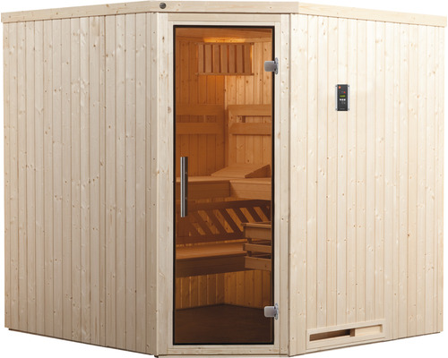 Sauna en bois avec porte en verre et panneau de commande