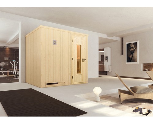 Sauna modulaire Weka Halmstad HT taille 2 avec poêle bio 7,5 kW et commande numérique, avec porte en bois et vitrage à isolation thermique