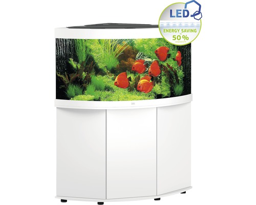 Kit complet d'aquarium JUWEL Trigon 350 SBX avec éclairage LED, filtre, chauffage et meuble bas blanc