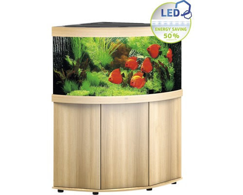 Kit complet d'aquarium JUWEL Trigon 350 SBX avec éclairage LED, filtre, chauffage et meuble bas bois clair