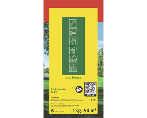 Anweisungen und Informationen zu Rasensamen auf der Verpackung.