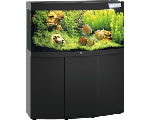 Aquarium noir avec poissons, plantes et meuble bas