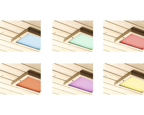 Sechs LED-Leuchten mit unterschiedlichen Lichtfarben in einer Holzdecke