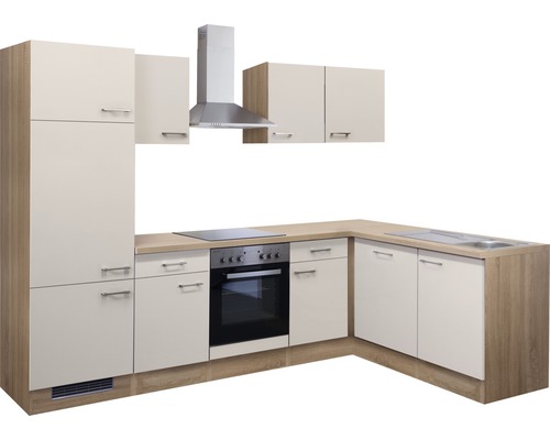 Komplette Küchenzeile mit Schränken, Spüle, Herd und Dunstabzugshaube