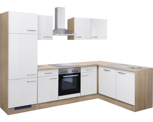 Moderne Küche mit weißen Fronten, Arbeitsplatte in Holzoptik und Dunstabzugshaube.