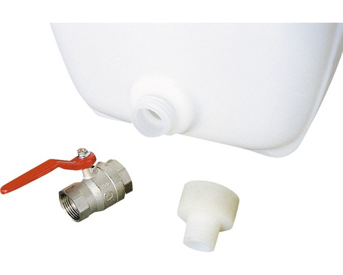 Wasserbehälter mit Auslauf, Kugelhahn und Verschlussstopfen