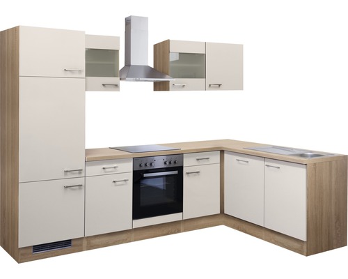 Küchenzeile mit Hängeschränken, Dunstabzugshaube und Elektrogeräten