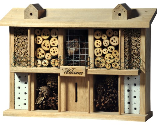 Hôtel à insectes Landsitz Superior chêne 47 x 12,5 x 34 cm Hôtel à insectes en bois avec différents matériaux de remplissage et l''inscription Bienvenue