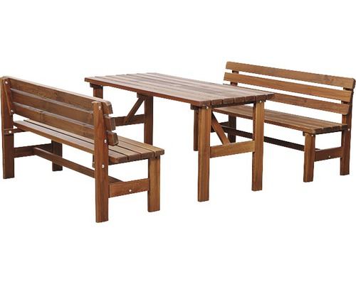 Groupe de tables de jardin avec deux bancs en bois
