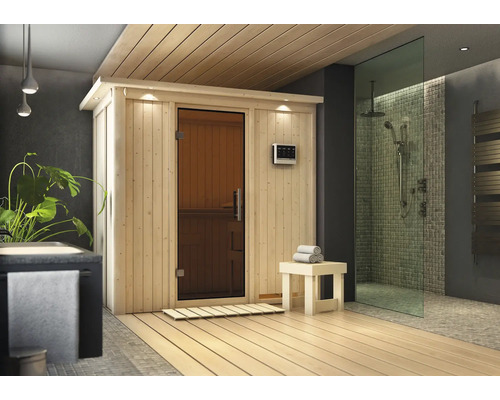 Sauna modulaire Karibu Mariado sans poêle avec couronne et porte entièrement vitrée coloris graphite