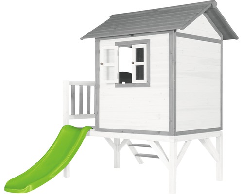 Spielhaus aus Holz mit Rutsche und Fenster