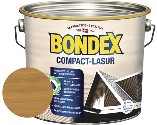 Bondex Compact Lasur Holzschutzfarbe im Metalleimer mit Farbtonbeispiel