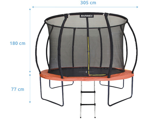 Abgebildet ist ein Trampolin mit Netz und Leiter, Durchmesser 305 cm, Höhe 180 cm, Rahmenhöhe 77 cm.