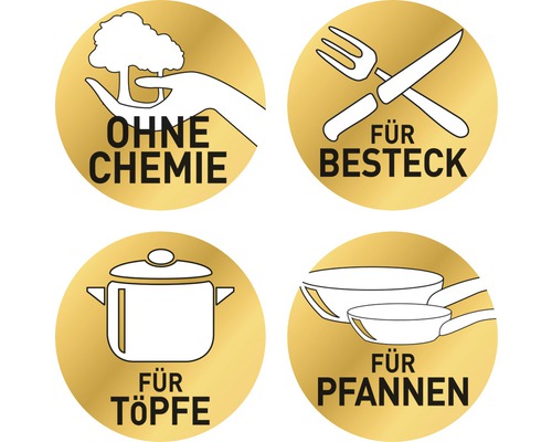 Symbole für: keine Chemie, geeignet für Besteck, geeignet für Töpfe, geeignet für Pfannen