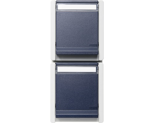 Prise de courant double pour pièce humide ROTH LANGE 56853 IP55 avec champ d'inscription en saillie gris/bleu verticale