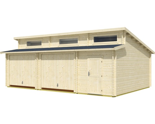 Garage en bois avec deux portes et une porte