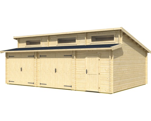 Holzgarage mit drei Toren und Fenstern