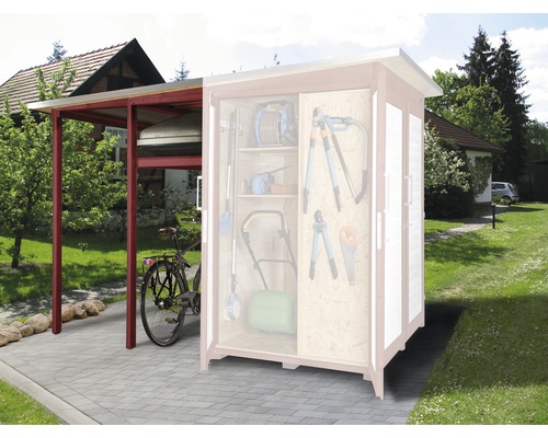 Schleppdach Family für weka Garten Q 224x71 cm rot-weiß Carport und Geräteschuppen im Garten mit Fahrrad und Gartengeräten