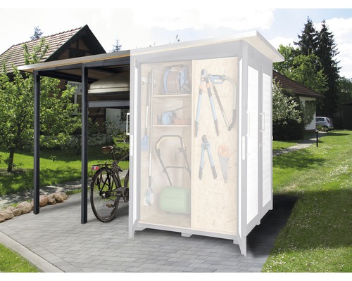 Schleppdach Family für weka Garten Q 224x71 cm anthrazit-weiß Illustration eines Gerätehauses mit Fahrradunterstand im Garten.