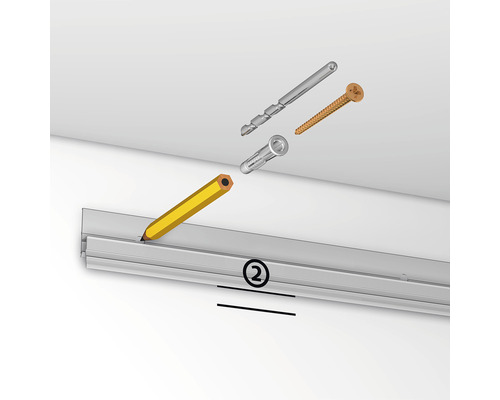 Bleistift markiert Punkt auf einer Gardinenschiene, dazu Dübel, Schraube und Bohrer