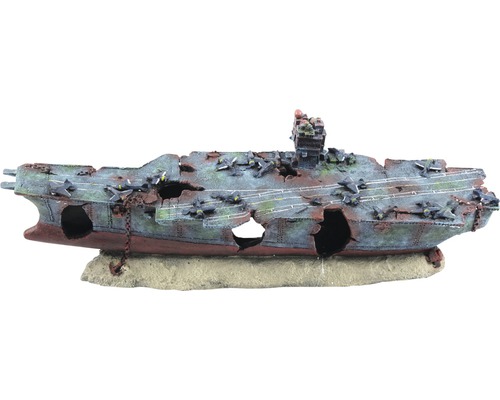 Décoration d'aquarium aquatlantis navire de guerre / porte-avions 68x17,5x25 cm Décoration pour aquariums : Épave de porte-avions avec avions comme décoration d’aquarium