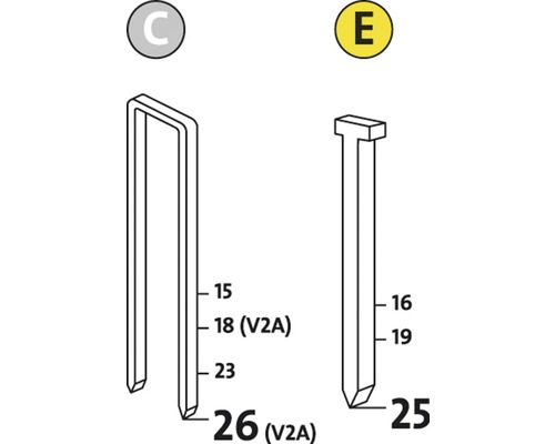 Abbildung von Heftklammer C und Nagel E mit Größenangaben